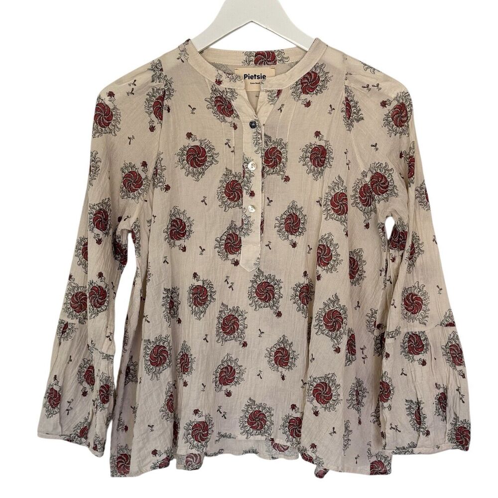 Pietsie Atlin Boho Blouse A- Line Top Woven Cotton Cream Peasant Long Sleeve XS